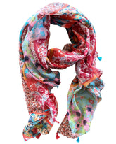 Add elegance with our unique floral and mosaic patterned scarf, adorned with red and blue tassels. Soft, lightweight, and comfortable for all-day wear. All scarves are a polyester blend.